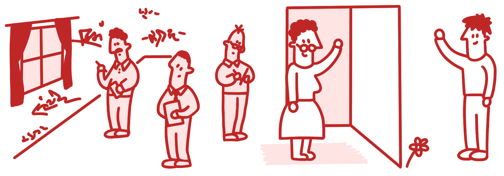 Menschen, die im Haus einer Frau stehen und Notizen machen