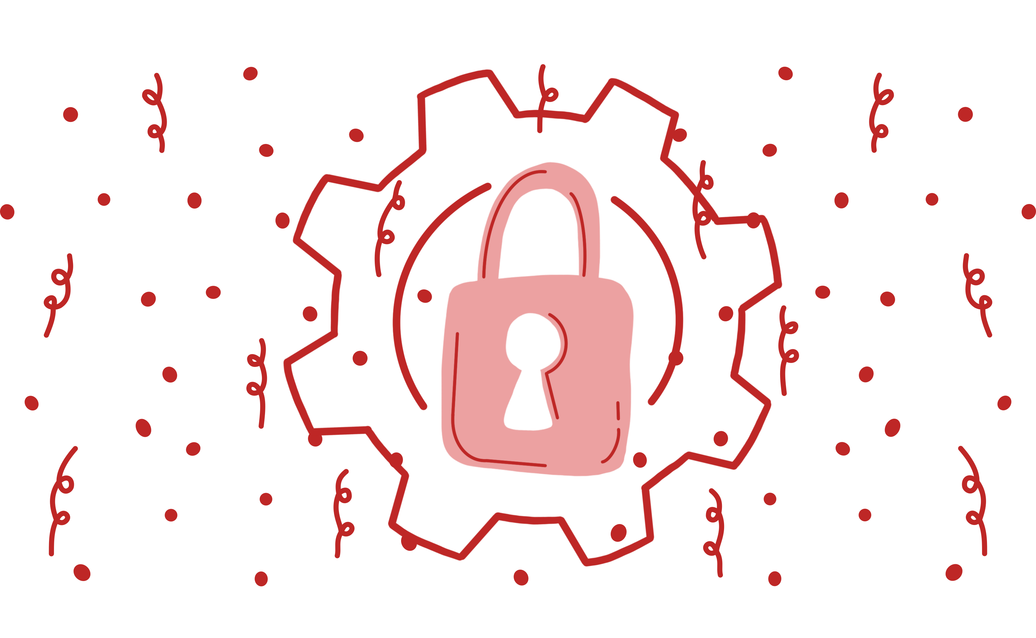 TOM's logo (cogwheel with a lock) with confetti around it