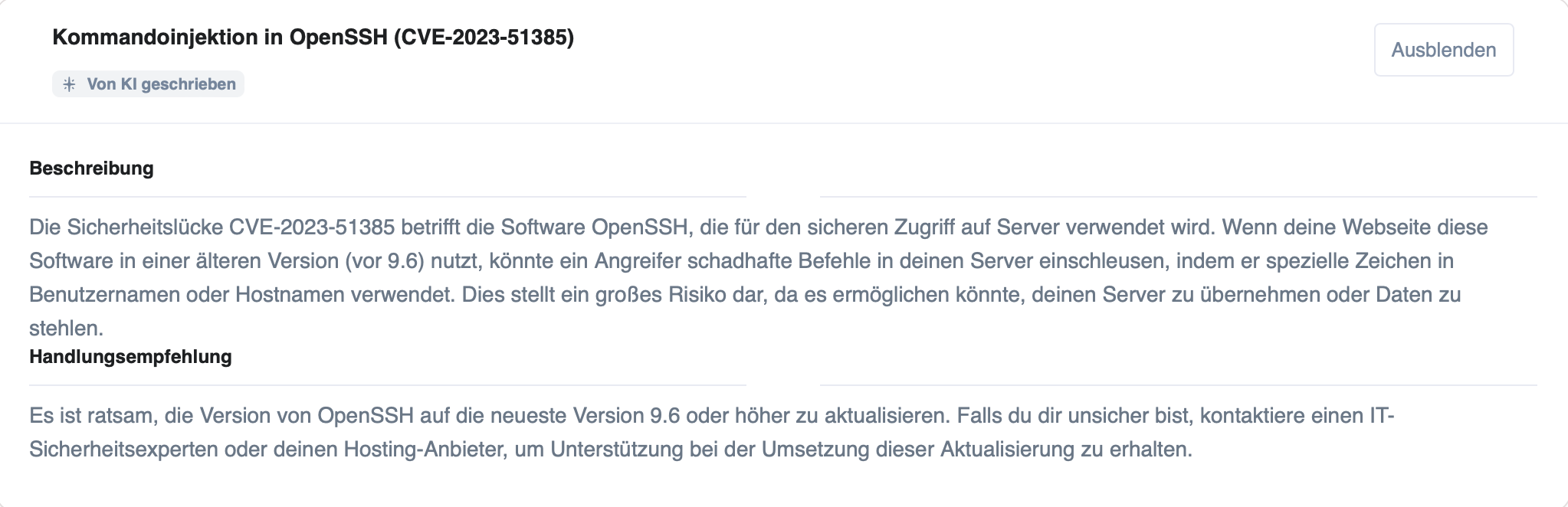 Screenshot einer beispielhaften Empfehlung in JOUO