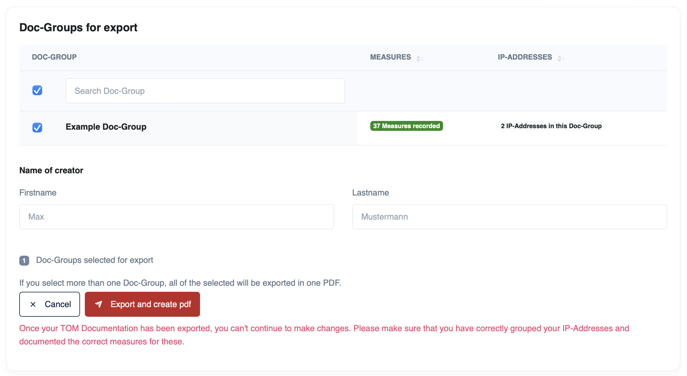 Screenshot of exporting Doc-Groups