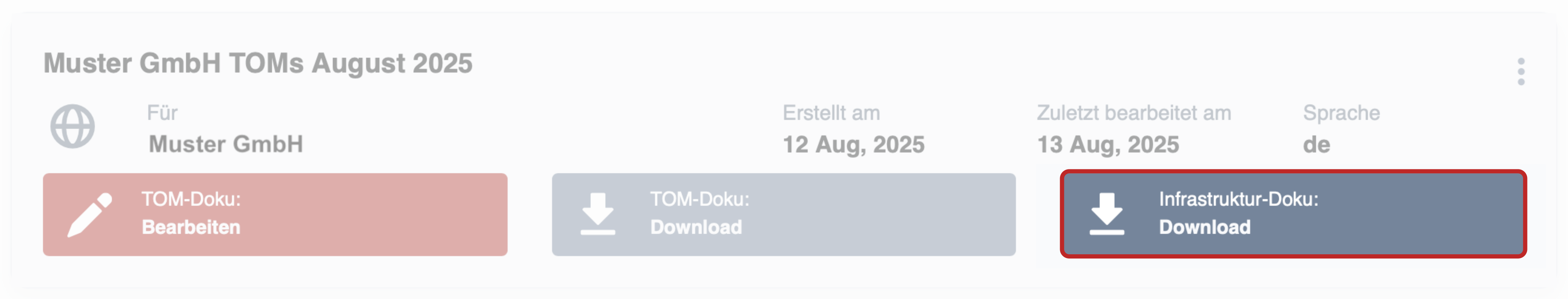 Screenshot einer TOM-Dokumentation mit Button zum Herunterladen einer Infrastruktur Dokumentation