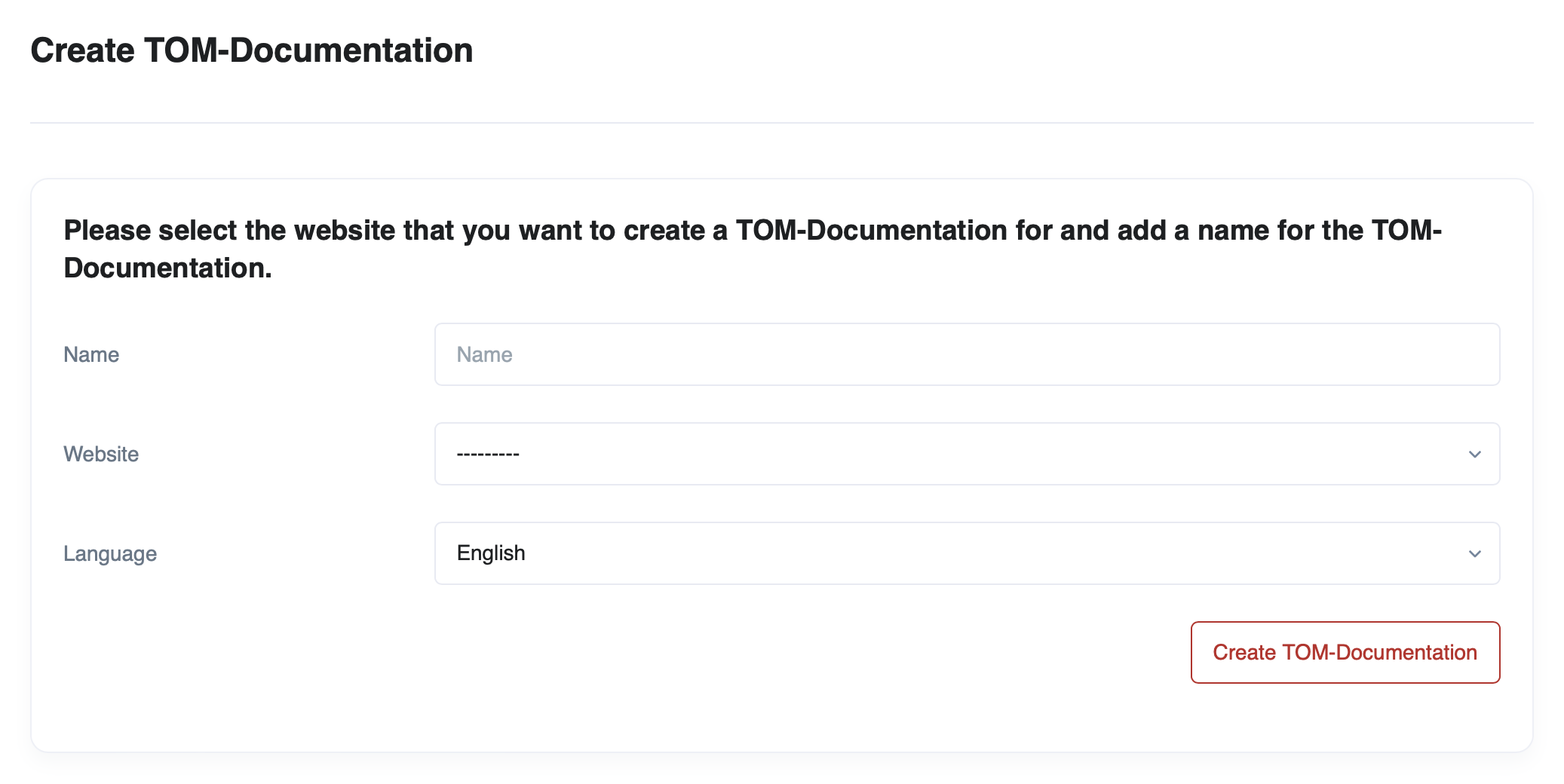 Screenshot of creating a TOM documentation